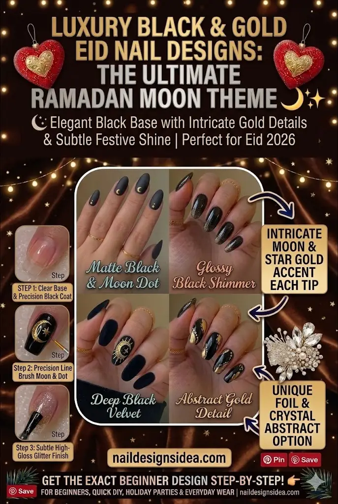 Luxury black and gold Eid nail designs inspired by Ramadan moon theme
