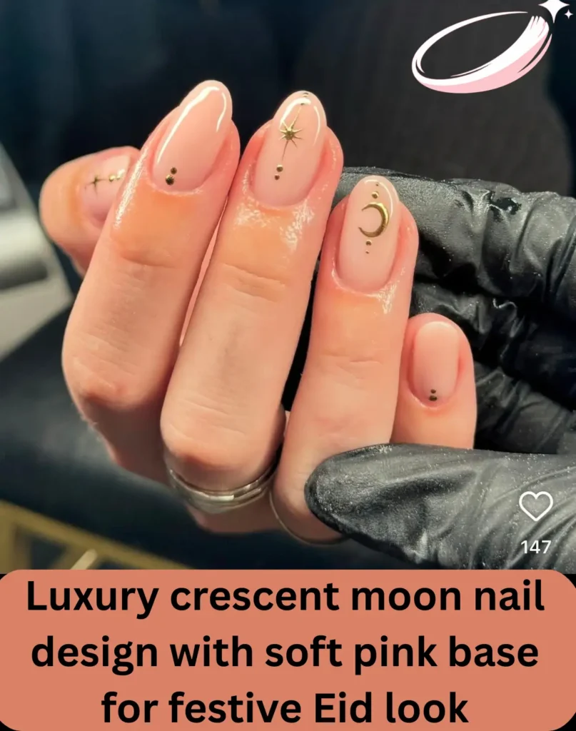 Luxury crescent moon nail design with soft pink base for festive Eid look