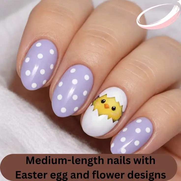 Medium-length nails with Easter egg and flower designs