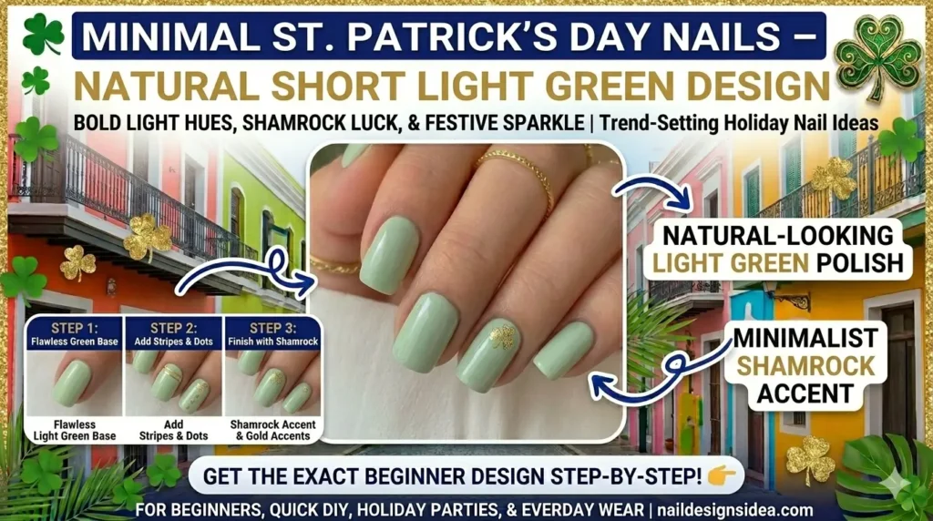 Minimal St. Patrick’s Day nails on natural short nails in light green shade