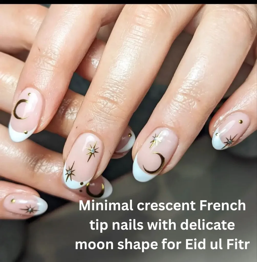 Minimal crescent French tip nails with delicate moon shape for Eid ul Fitr
