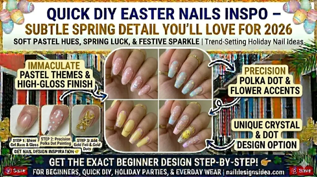 Minimal polka dot Easter nail designs on soft pastel background