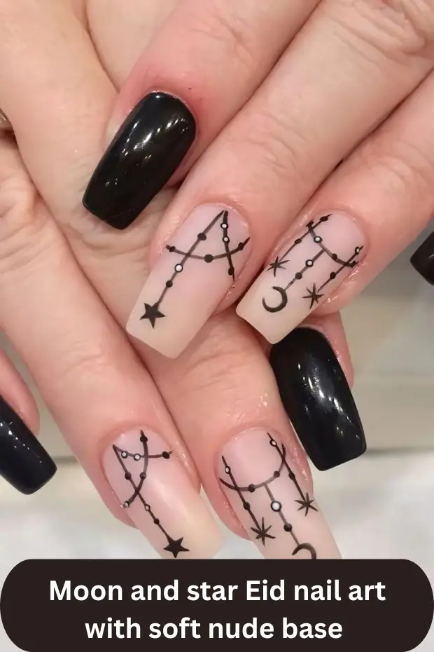 Moon and star Eid nail art with soft nude base and delicate Ramadan inspired details