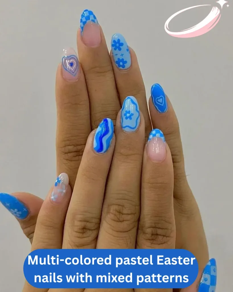 Multi-colored pastel Easter nails with mixed patterns