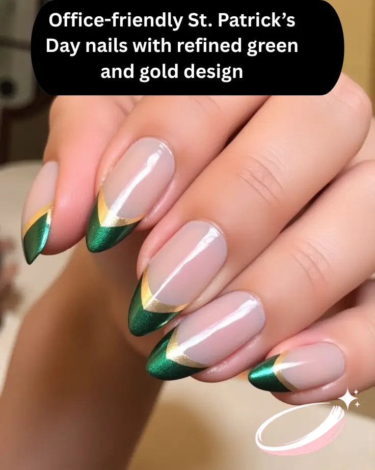 Office-friendly St. Patrick’s Day nails with refined green and gold design