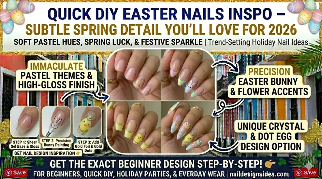 Oval and almond Easter nails with cute spring motifs.