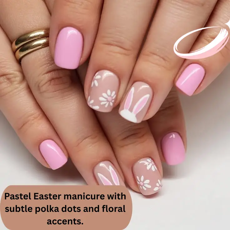 Pastel Easter manicure with subtle polka dots and floral accents.