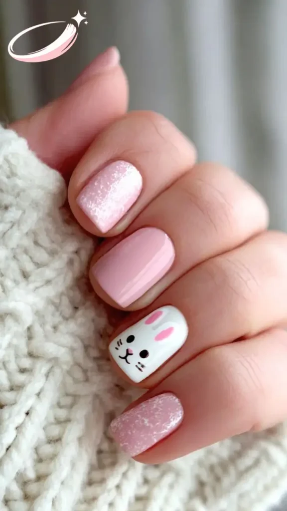Pastel Easter nails with cute bunny faces on accent nails