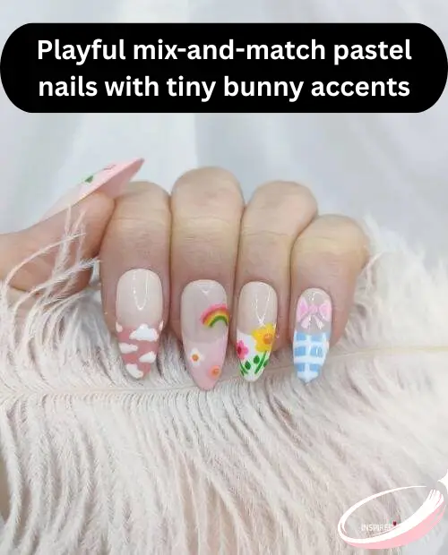 Playful mix-and-match pastel nails with tiny bunny accents
