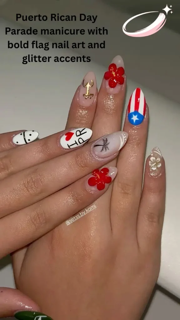 Puerto Rican Day Parade manicure with bold flag nail art and glitter accents