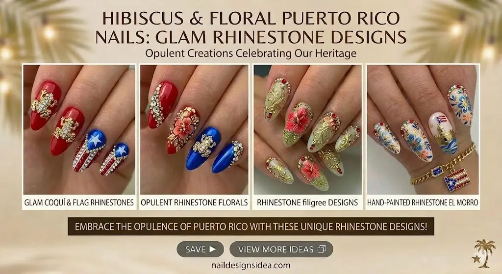 Puerto Rican nail design with crystal accents and gold details