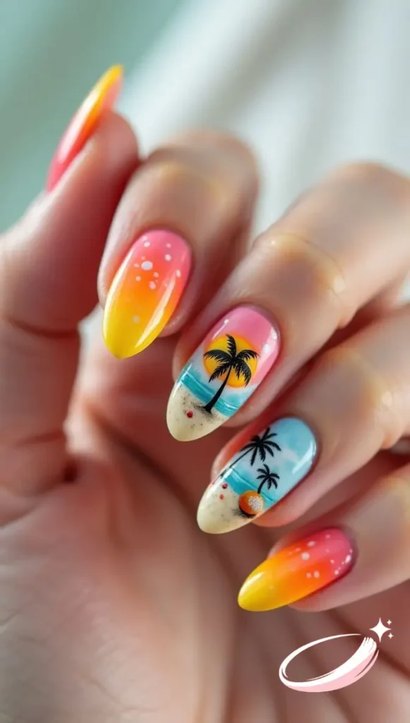 Puerto Rican nails for vacation with tropical colors and palm accents