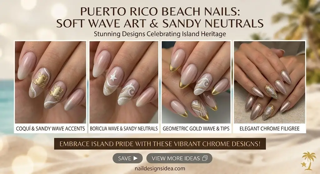 Puerto Rico beach nails with soft wave art and sandy neutral tones
