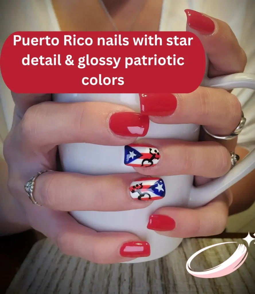 Puerto Rico nails with star detail and glossy patriotic colors