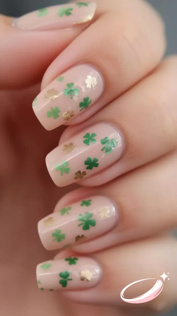Reflective chrome St. Patrick’s Day gel nails with accent shamrock