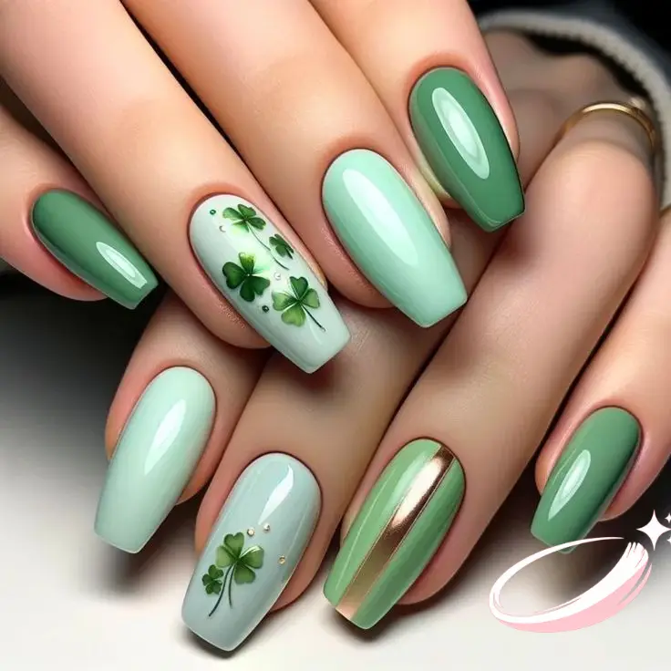 Sage green St. Patrick’s Day manicure with minimal gold accent