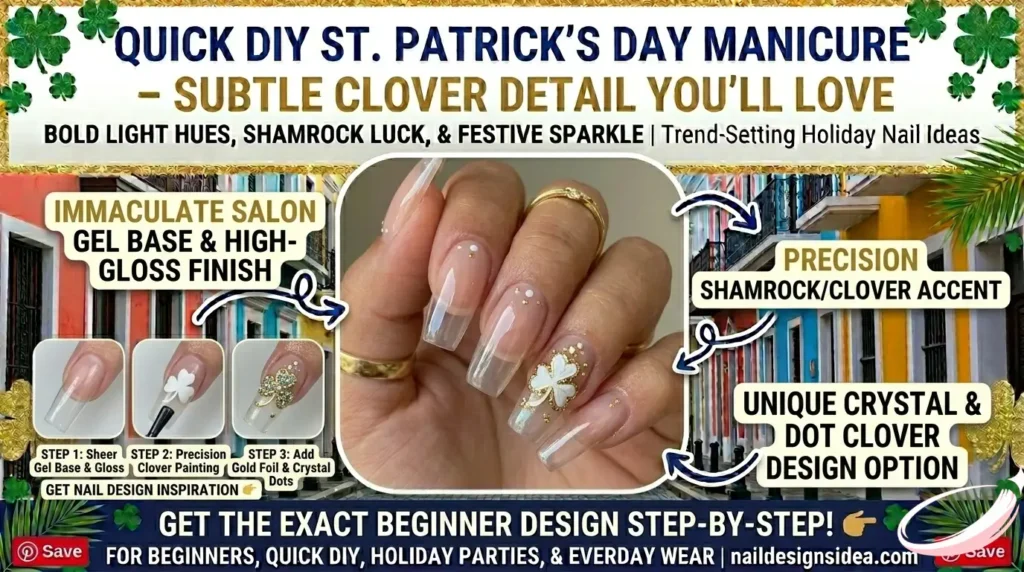 Salon-ready St. Patrick’s Day gel nails with accent clover and glossy finish