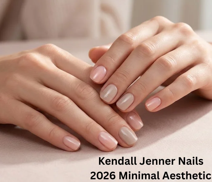 Minimalist nude short nails inspired by Kendall Jenner 2026 trend for a clean, elegant, and modern manicure look.