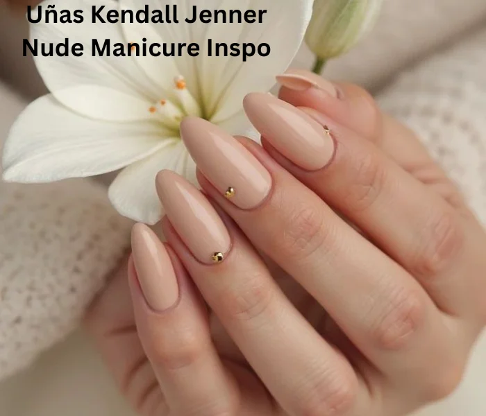 Inspiración de manicura nude de Kendall Jenner con uñas cortas y tonos naturales para un look elegante y minimalista.