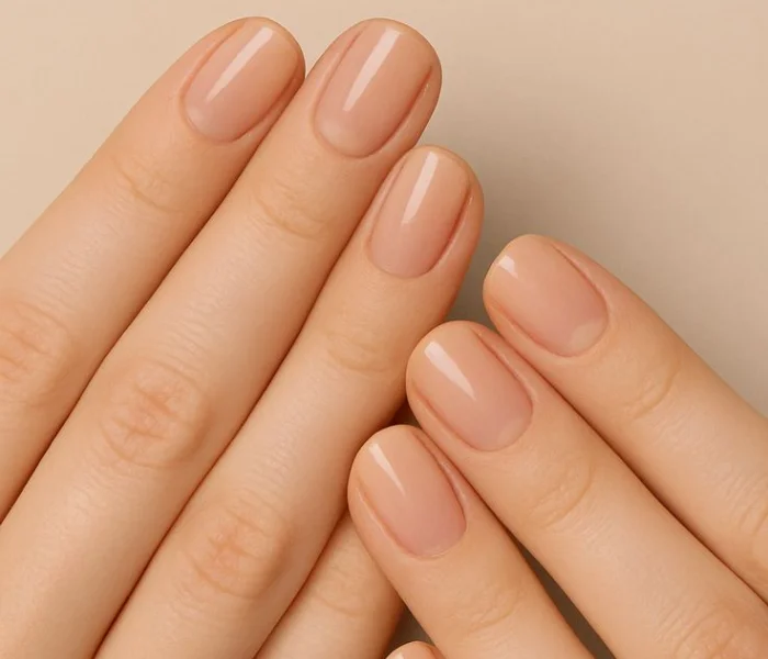 Unghie corte naturali ispirate a Kendall Jenner con manicure nude minimalista per un look elegante e raffinato.