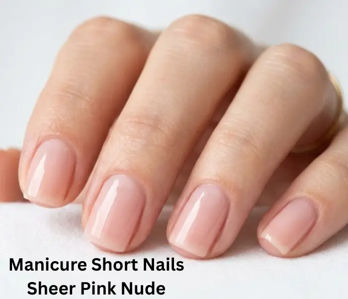 Sheer pink nude manicure on short nails inspired by Kendall Jenner for a clean, elegant, and modern nail look.