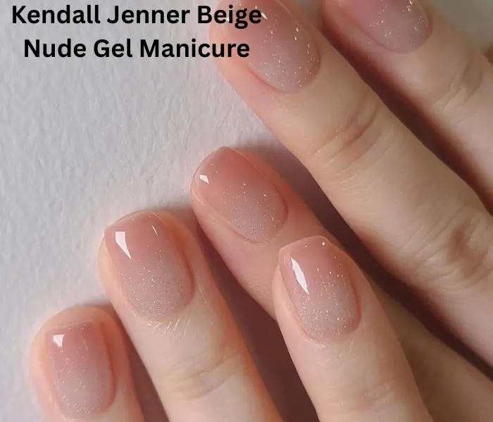 Kendall Jenner inspired beige nude gel manicure with glossy finish for a clean, minimalist, and elegant nail look.