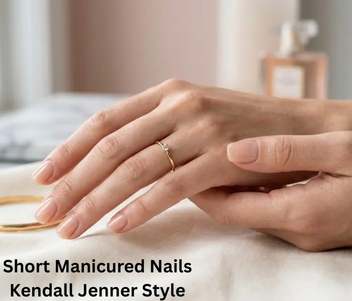 Short manicured nails in Kendall Jenner style with soft square and squoval shape for a clean, natural, and elegant look.