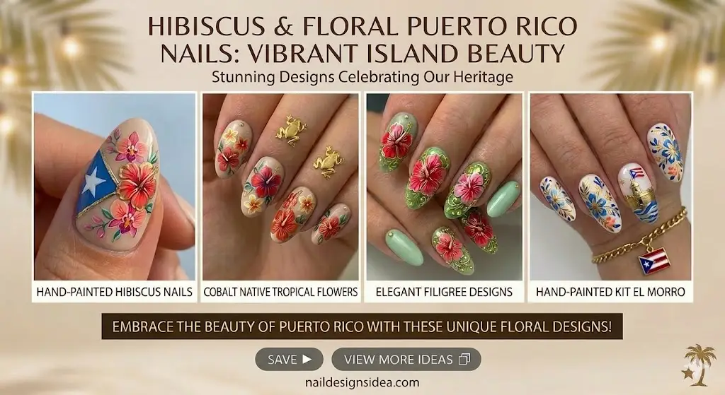 Short Puerto Rican nails with simple hibiscus flower accent design