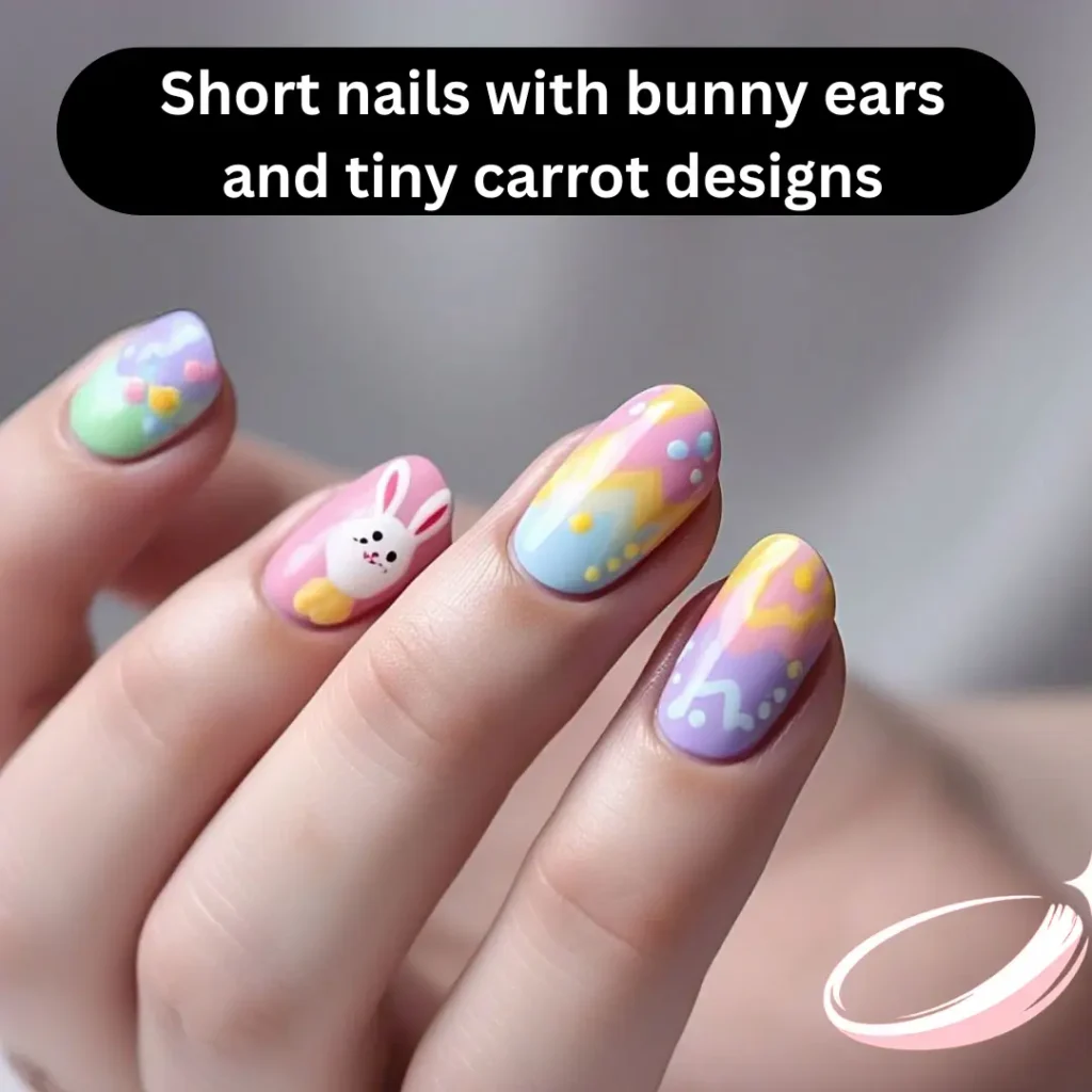 Short nails with bunny ears and tiny carrot designs