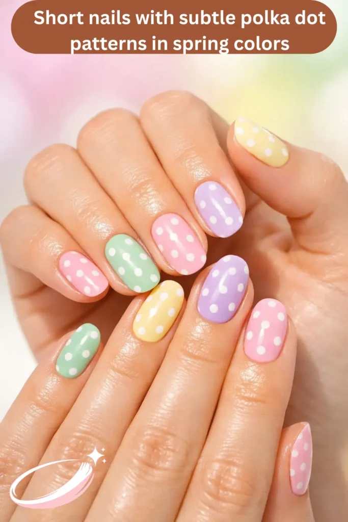 Short nails with subtle polka dot patterns in spring colors