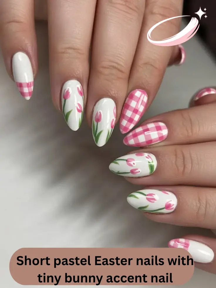 Short pastel Easter nails with tiny bunny accent nail