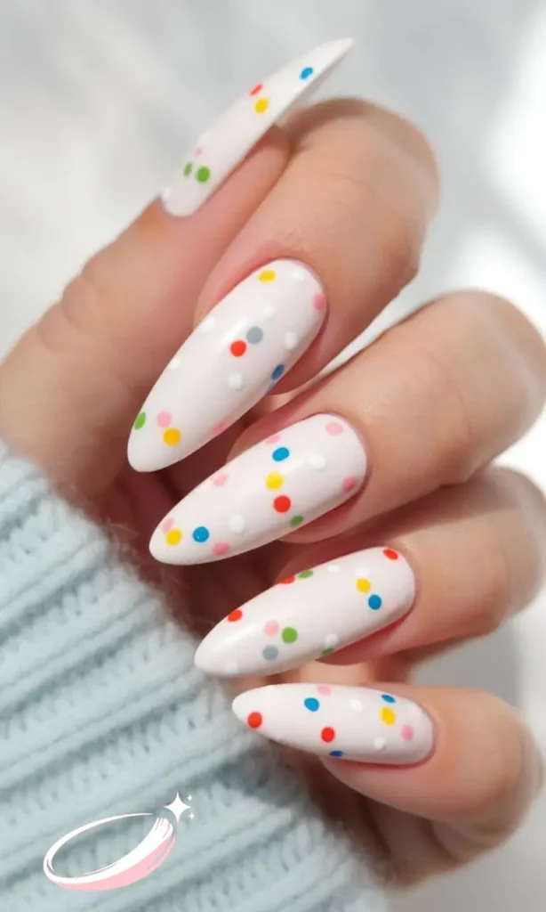 Short pastel nails featuring easy dotted Easter designs