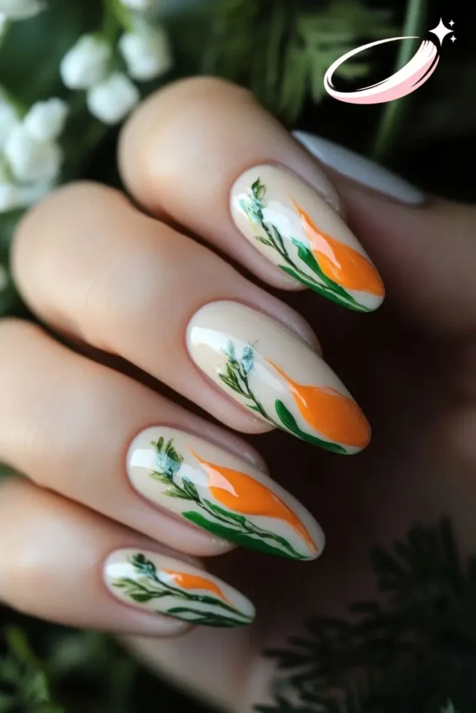 Short pastel nails with carrot and chick details for Easter