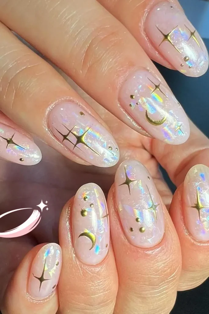 Simple gold moon accent nails perfect for classy Eid nail inspiration