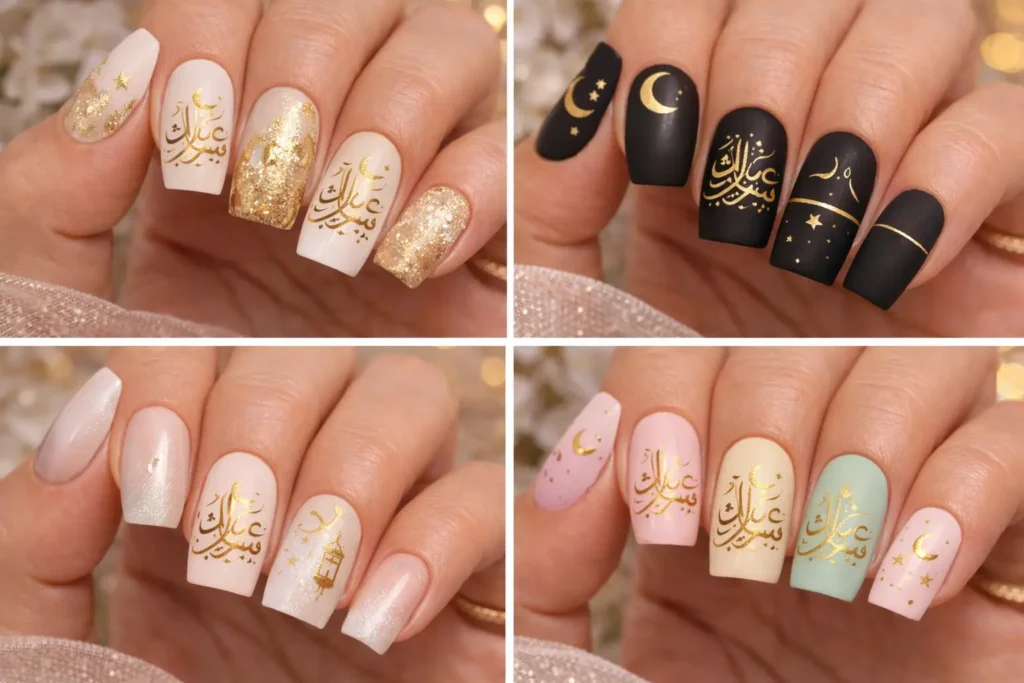 Soft nude manicure with Eid Mubarak lettering nail art