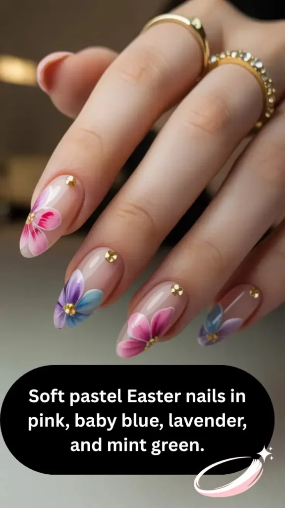 Easter manicure featuring pastel shades with subtle glitter accents.