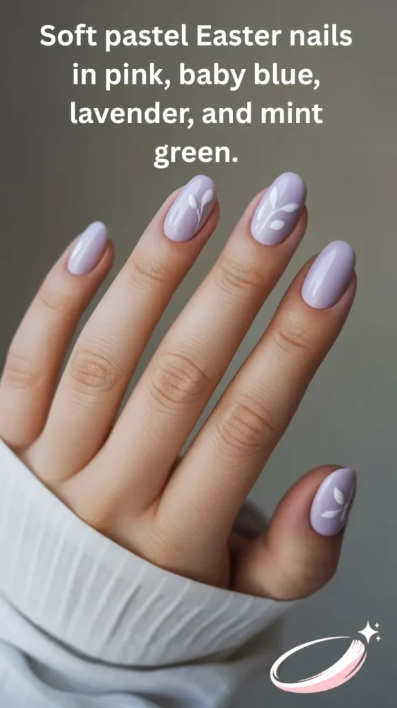 Soft pastel Easter nails in pink, baby blue, lavender, and mint green.