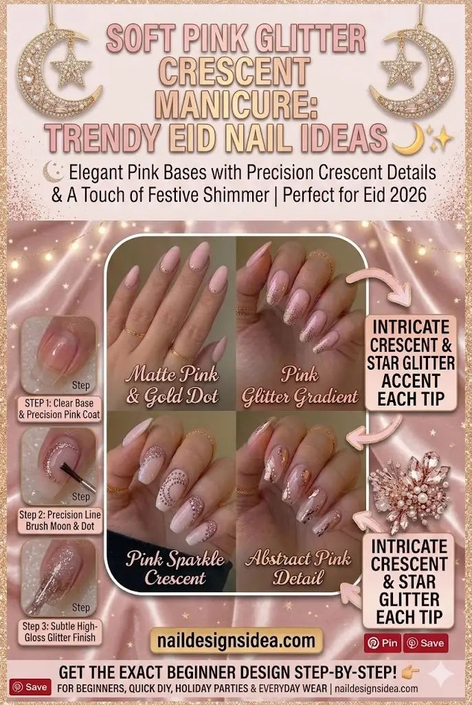 Soft pink glitter crescent manicure for trendy Eid nail ideas
