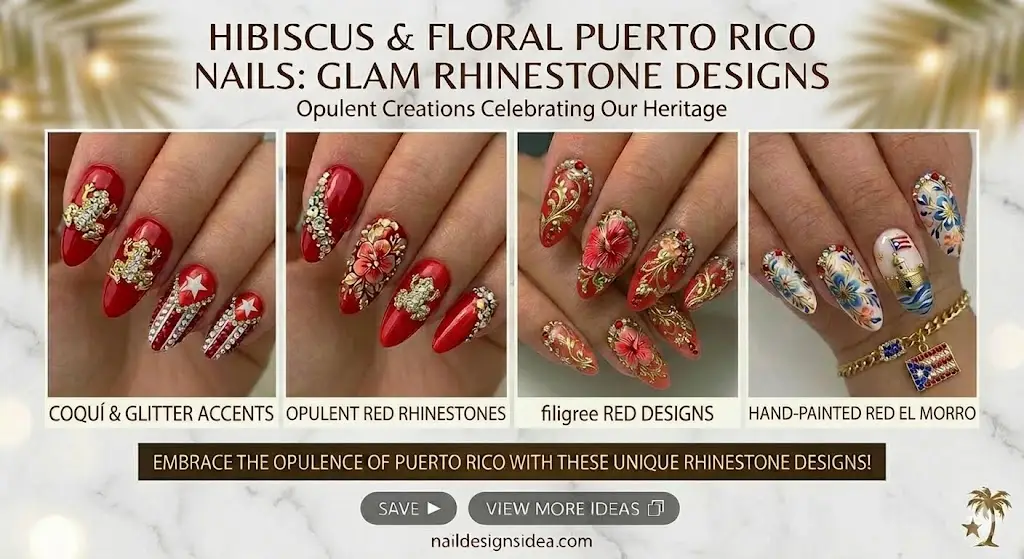 Sparkly Puerto Rican nails with bold red color and gem accents