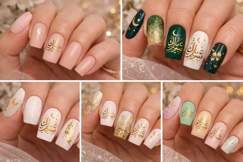 Stylish Arabic calligraphy Eid nails perfect for Eid ul Fitr celebration