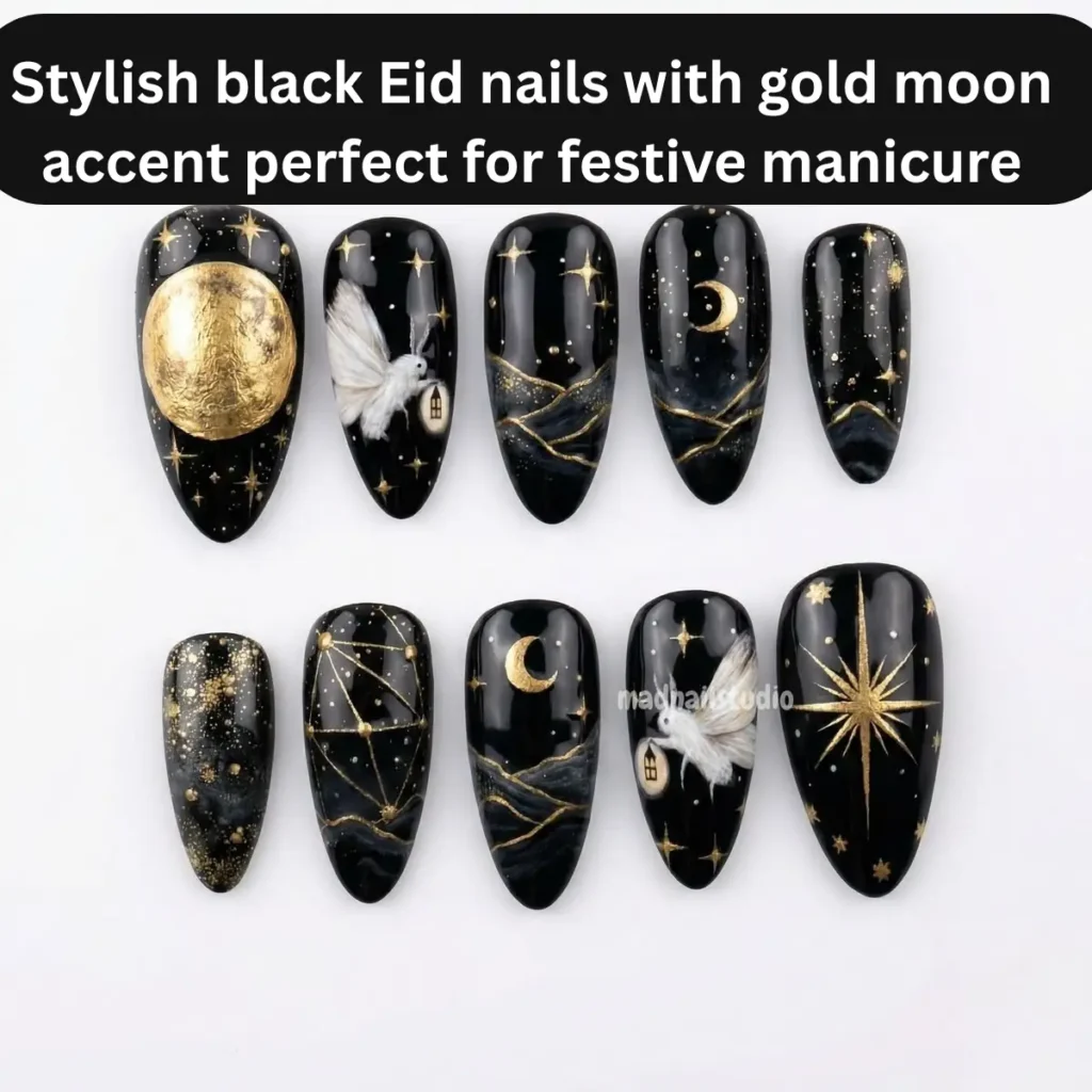 Stylish black Eid nails with gold moon accent perfect for festive manicure