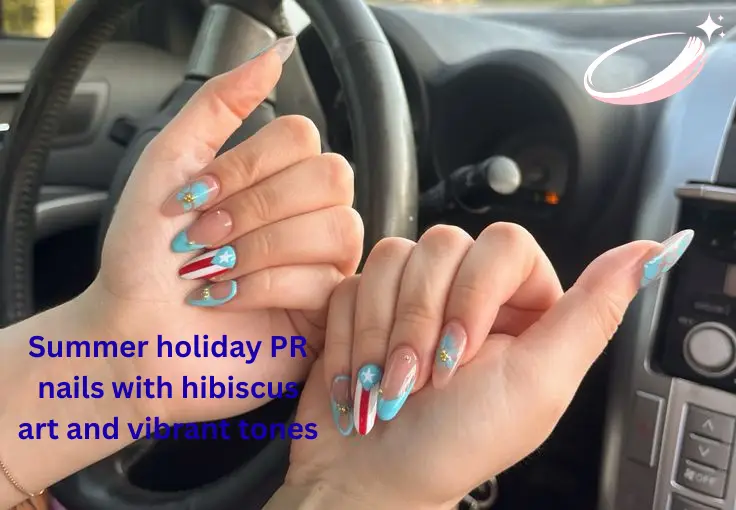 Summer holiday PR nails with hibiscus art and vibrant tones