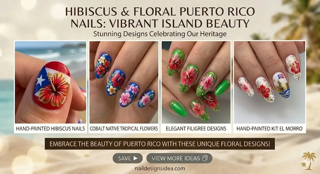 Tropical floral Puerto Rican nails with soft pastel background