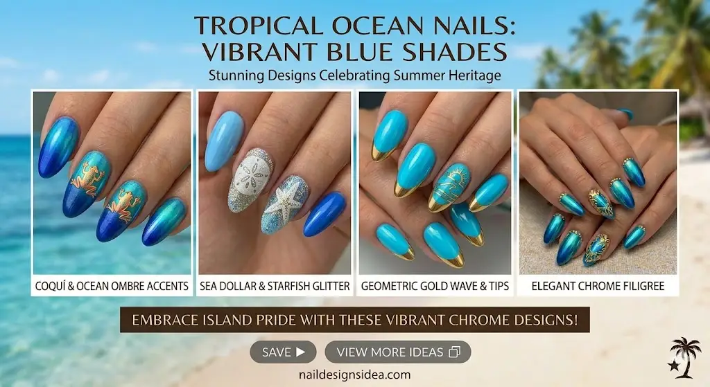 Tropical ocean nails in blue shades with glossy finish for summer