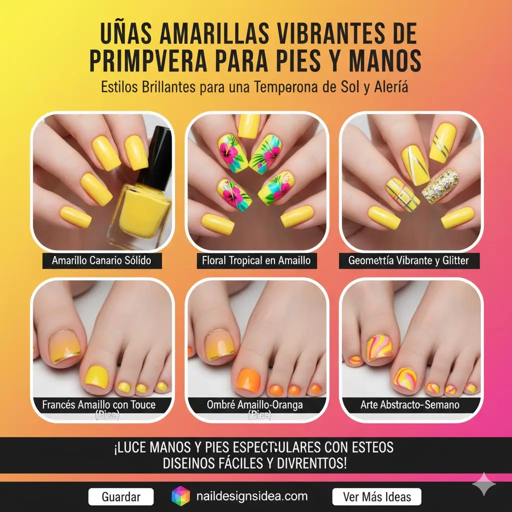 Uñas amarillas vibrantes de primavera para pies y manos
