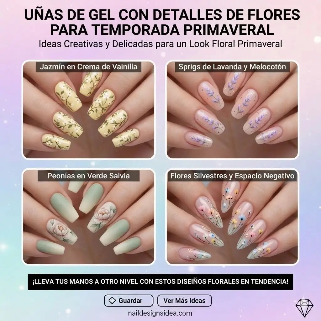 Uñas de gel con detalles de flores para temporada primaveral