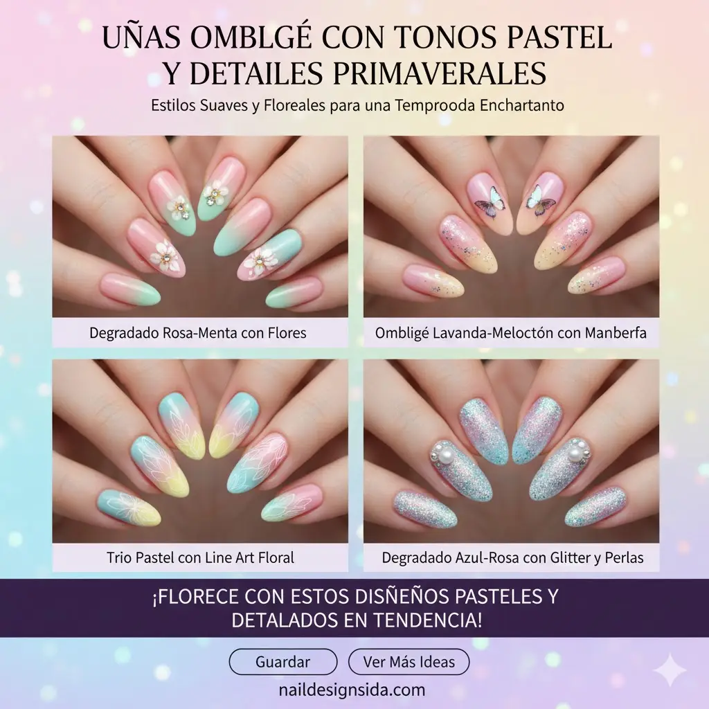 Uñas ombré con tonos pastel y detalles primaverales