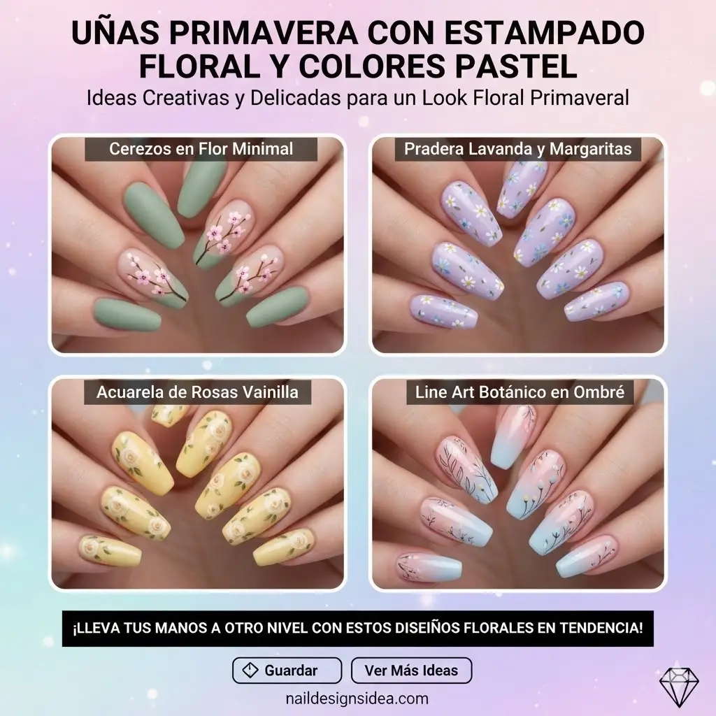 Uñas primavera con estampado floral y colores pastel