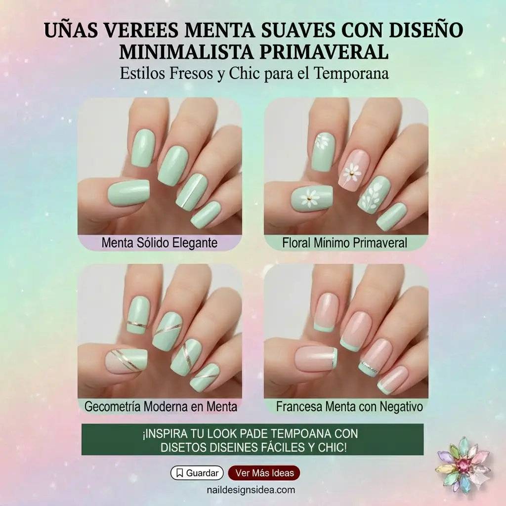 Uñas verdes menta suaves con diseño minimalista primaveral