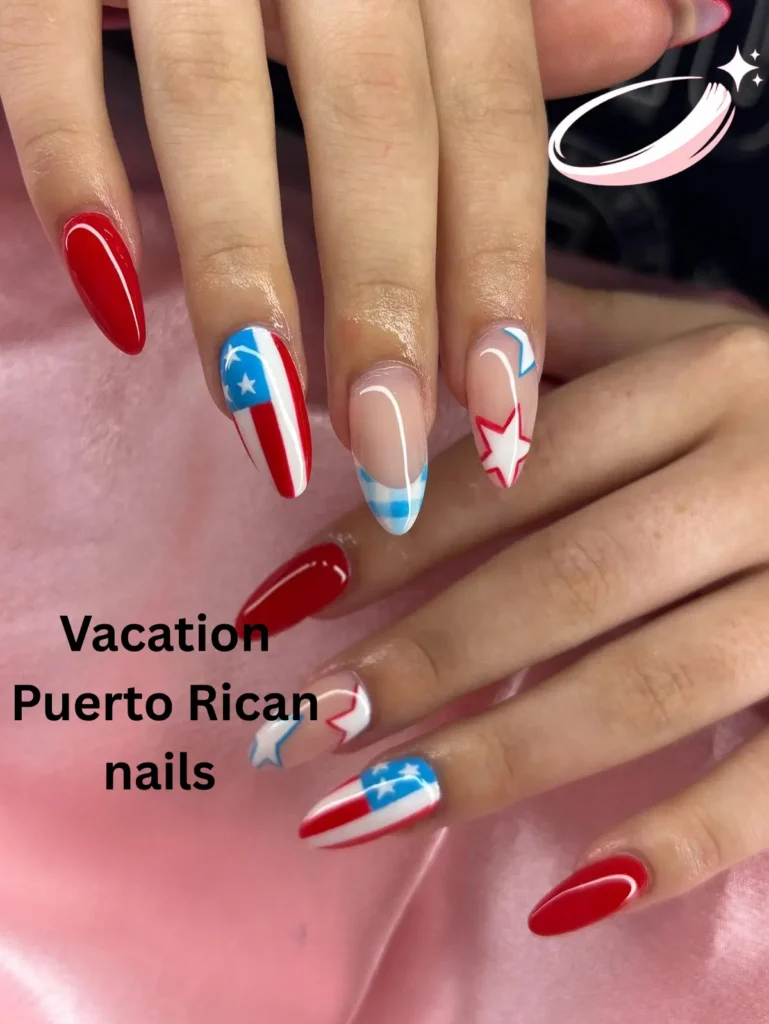 Vacation Puerto Rican nails with tropical sunset ombre and palm tree accents